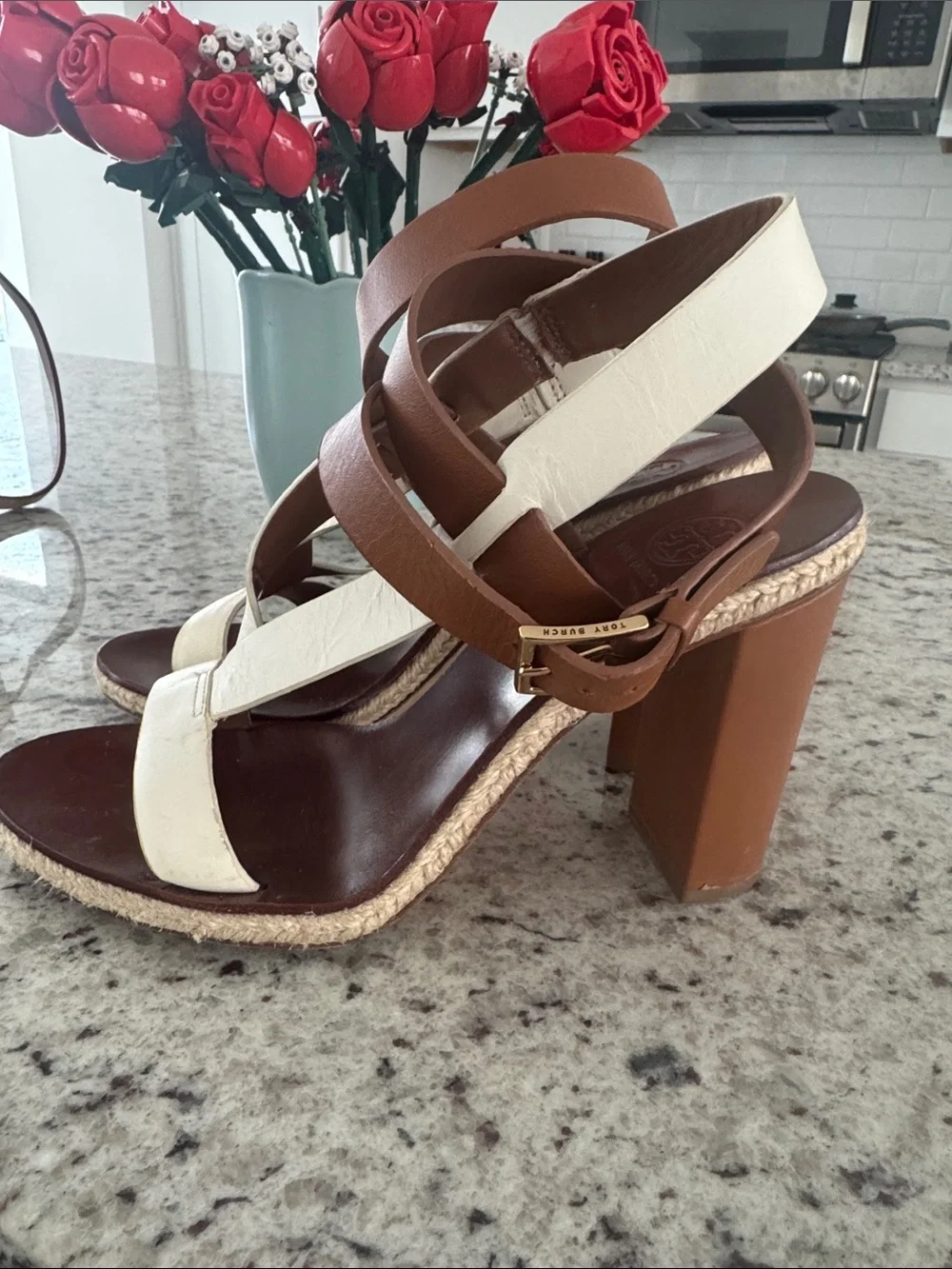 Tory Burch Brown and White Leather Crossover Ankle-Strap Sandals